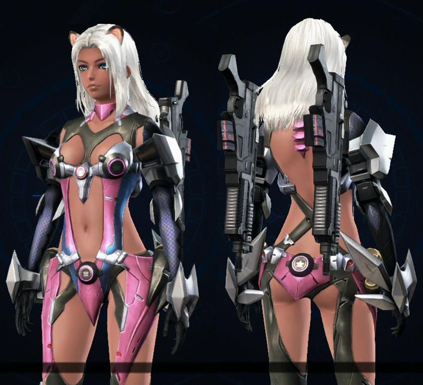 1girl animal_ears armor ass black_panties blue_eyes breasts dark_skin elma_(xenoblade_x) female long_hair nintendo panties simple_background underwear weapon white_hair wii_u xenoblade_chronicles_x xenoblade_x