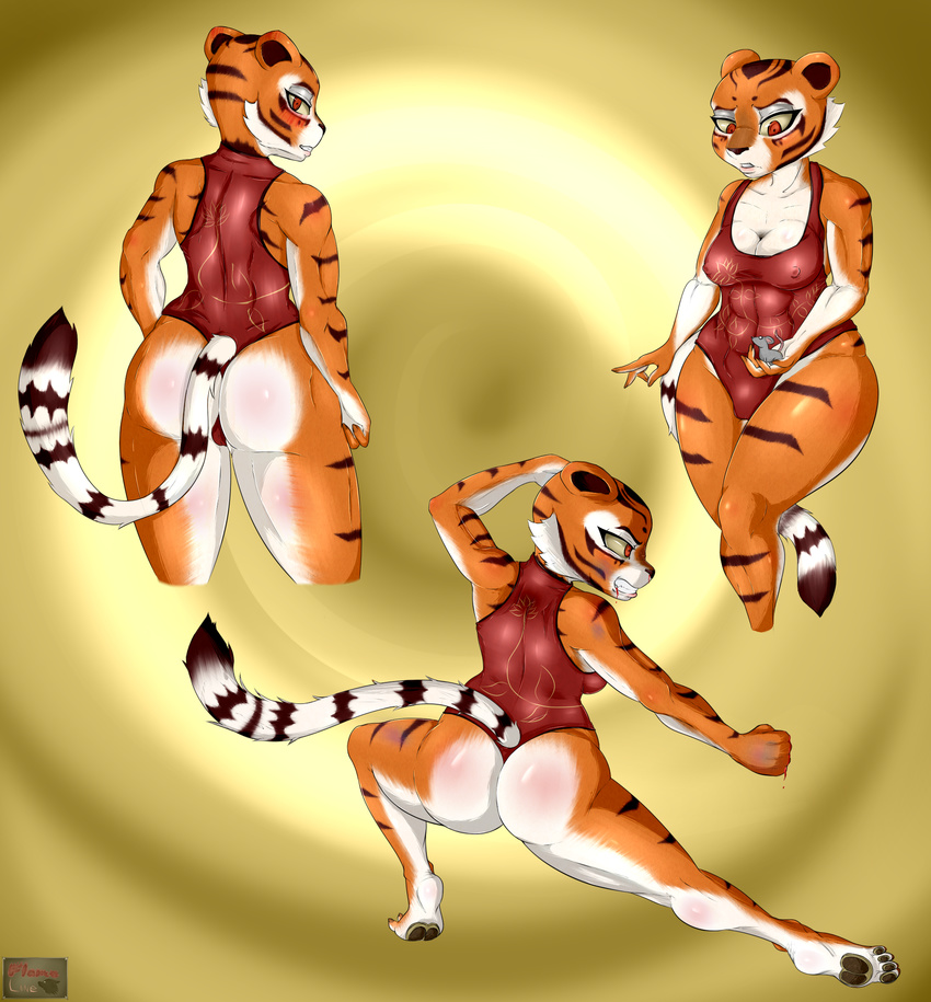 2015 abstract_background absurd_res anthro blood blush breasts butt clothing feline female flame-lonewolf fur hi_res kung_fu_panda looking_at_viewer mammal master_tigress nipples simple_background solo spandex stripes tiger tight_clothing