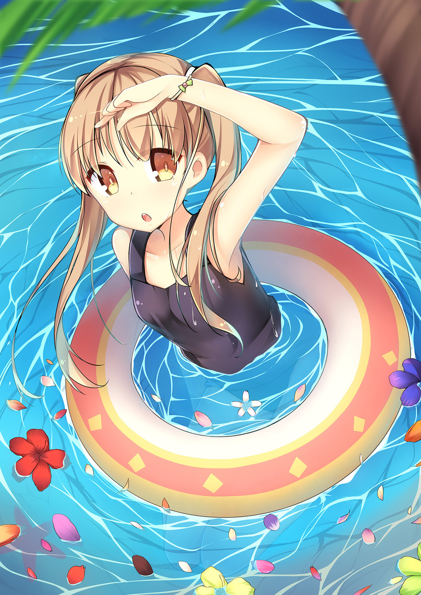 :o amemiya_ruki arm_up bare_arms blonde_hair flower highres innertube long_hair looking_at_viewer one-piece_swimsuit open_mouth original petals school_swimsuit shading_eyes solo swimsuit tree twintails wading water wristband yellow_eyes