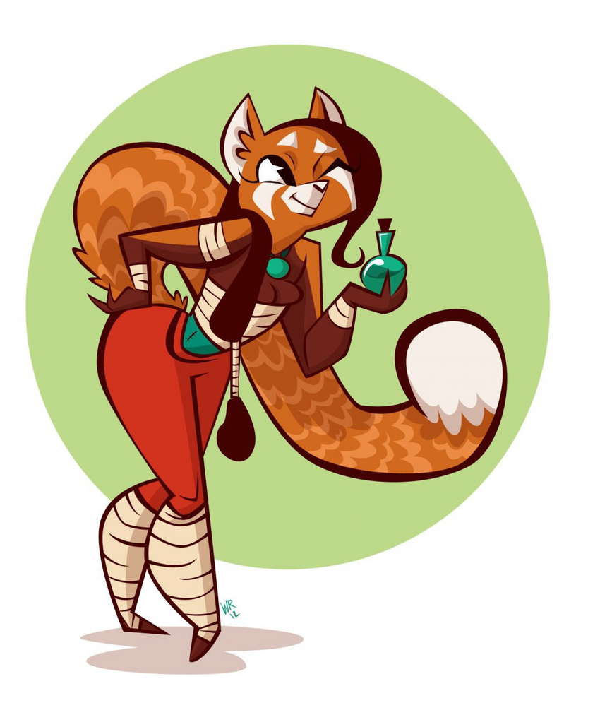 blink clothing female mammal potion red_panda simple_background smile solo wide_hips wildroxann