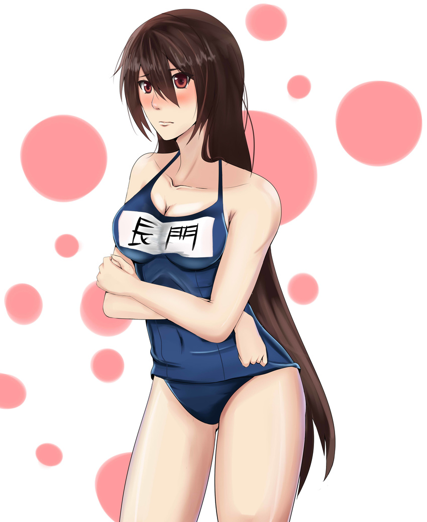 absurdres blush breasts brown_hair cleavage crossed_arms embarrassed headgear_removed highres kantai_collection large_breasts long_hair nagato_(kantai_collection) red_eyes school_swimsuit solo swimsuit yanagi_(aku-se)