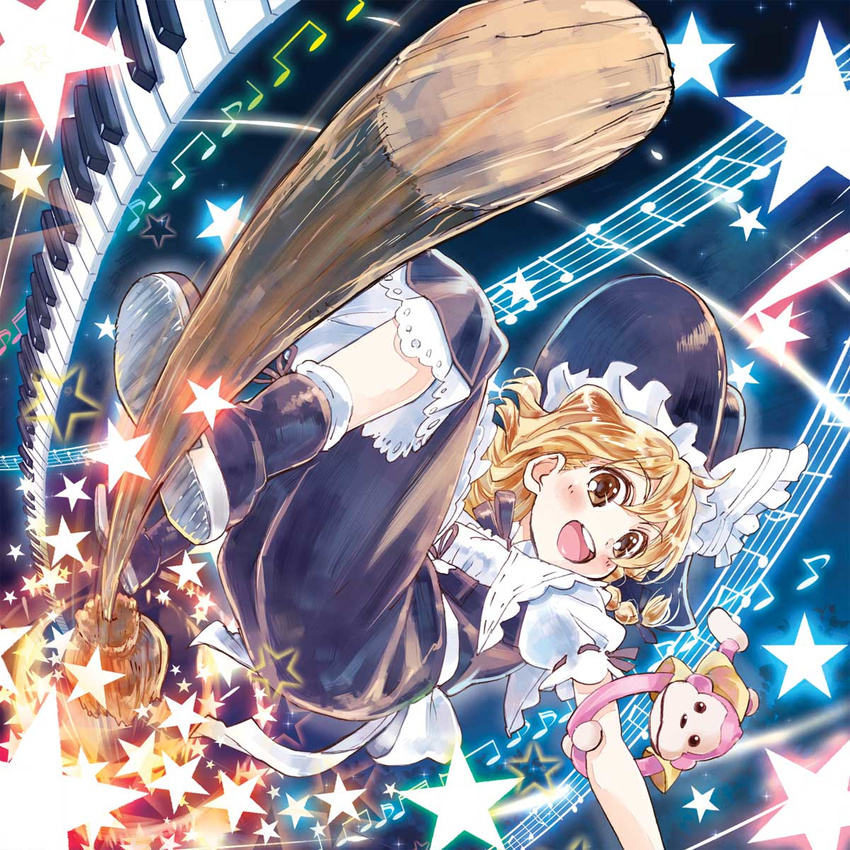 :d album_cover black_dress black_footwear black_hat blonde_hair blush bow broom broom_riding broom_surfing brown_eyes commentary_request cover dress frills grin hat highres instrument keyboard_(instrument) kirisame_marisa long_hair looking_at_viewer marashii monkey open_mouth outstretched_arm puffy_short_sleeves puffy_sleeves ribbon-trimmed_sleeves ribbon_trim sakino_shingetsu sash shoes short_sleeves sideways smile solo staff_(music) star stuffed_animal stuffed_toy teeth touhou witch witch_hat