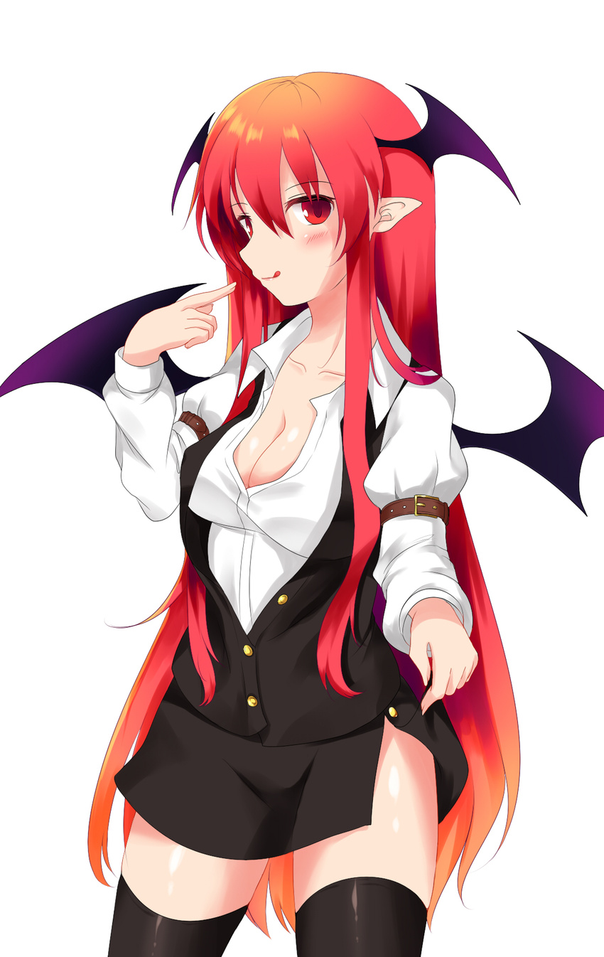 akimatsu bat_wings blouse breasts cleavage demon_tail dress_shirt gradient_hair hair_between_eyes head_wings highres koakuma large_breasts licking_lips long_hair long_sleeves miniskirt multicolored_hair naughty_face open_blouse open_clothes puffy_long_sleeves puffy_sleeves red_eyes red_hair shirt skirt skirt_lift skirt_set solo tail thighhighs tongue tongue_out touhou very_long_hair vest wings zettai_ryouiki