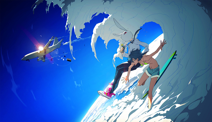 aircraft airplane bad_id bad_pixiv_id banned_artist bare_legs barefoot bikini_top blue_hair blue_sky breasts cloud cocktail commentary day drinking_straw falling floating highres long_sleeves mask navel necktie ocean omoide_no_ie original pants shirt shoes short_hair short_shorts shorts sky small_breasts sneakers sumiobunnya sun sunlight surfboard white_shirt
