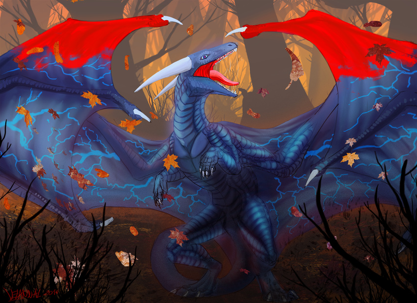 2014 angry autumn blue_scales dragon feral forest male open_mouth ratheyu_natasatch scalie snarling tree velannal where_is_your_god_now