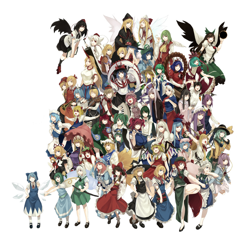 aki_minoriko aki_shizuha alice_margatroid animal_ears arm_warmers ascot bat_wings black_hair black_wings blazer blonde_hair blue_eyes blue_hair book bow braid brown_eyes brown_hair bucket bunny_ears cape carrot cat_ears cat_tail chain chen chinese_clothes cirno closed_umbrella daiyousei detached_sleeves doll dual_persona everyone fairy_wings flandre_scarlet food fox_tail frog fruit fujiwara_no_mokou game_boy geta ghost green_eyes green_hair hair_bobbles hair_bow hair_ornament hair_ribbon hairband hakurei_reimu handheld_game_console hat head_wings heart highres hinanawi_tenshi hong_meiling horn horns hoshiguma_yuugi houraisan_kaguya ibuki_suika ice ice_wings in_bucket in_container inaba_tewi instrument inubashiri_momiji izayoi_sakuya jacket japanese_clothes jewelry kaenbyou_rin kagiyama_hina kamishirasawa_keine kawashiro_nitori kazami_yuuka keyboard_(instrument) kimono kirisame_marisa kisume koakuma kochiya_sanae komeiji_koishi komeiji_satori konpaku_youmu konpaku_youmu_(ghost) kurodani_yamame leaf letty_whiterock lily_black lily_white long_hair long_sleeves lunasa_prismriver lyrica_prismriver maid mary_janes medicine_melancholy merlin_prismriver mizuhashi_parsee moriya_suwako multiple_girls multiple_tails muneneko mystia_lorelei nagae_iku necktie onozuka_komachi parasol patchouli_knowledge peach pendant pillow_hat pink_eyes pink_hair pointy_ears ponytail puffy_short_sleeves puffy_sleeves purple_eyes purple_hair red_eyes red_hair reisen_udongein_inaba reiuji_utsuho remilia_scarlet ribbon rope rumia saigyouji_yuyuko saturday_night_fever scythe shameimaru_aya shanghai_doll shiki_eiki shimenawa shoes short_hair short_sleeves side_ponytail silver_hair skirt skirt_set sleeveless smile snake standing standing_on_one_leg su-san suspenders sword tail tassel tengu-geta tokin_hat touhou trumpet twin_braids two_side_up umbrella v vest violin weapon white_background wide_sleeves wings witch_hat wolf_ears wriggle_nightbug yagokoro_eirin yakumo_ran yakumo_yukari yasaka_kanako yellow_eyes