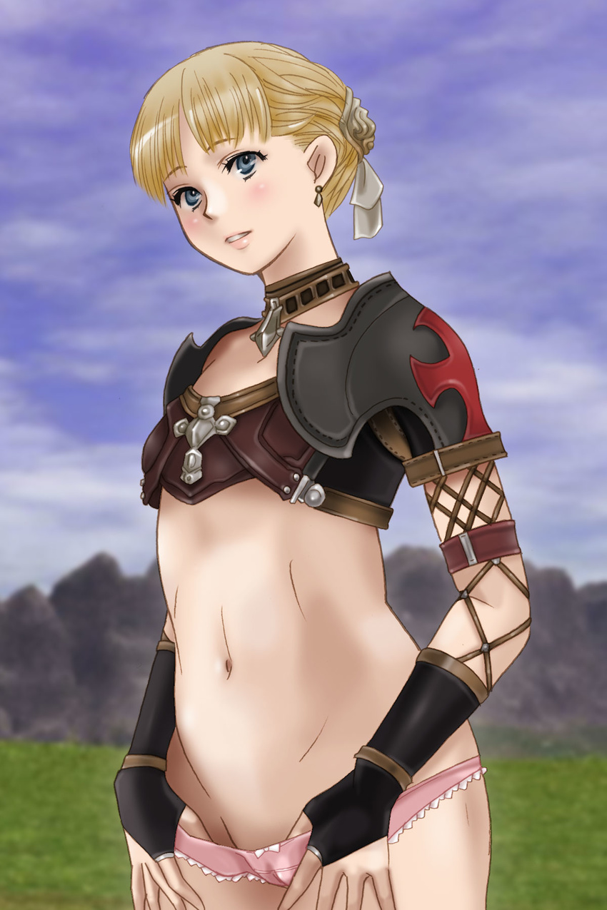 aphmau blonde_hair blue_eyes cameltoe earrings efui fe final_fantasy final_fantasy_xi fingerless_gloves flat_chest gloves highres jewelry midriff navel panties short_hair smile solo underwear