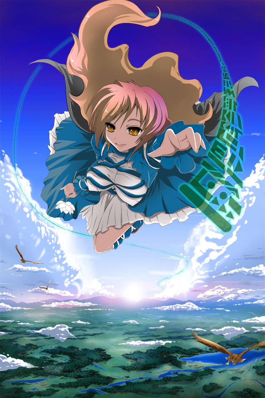 bird breasts brown_eyes brown_hair day flying gradient_hair highres hijiri_byakuren kado large_breasts multicolored_hair sky solo sorcerer's_sutra_scroll touhou