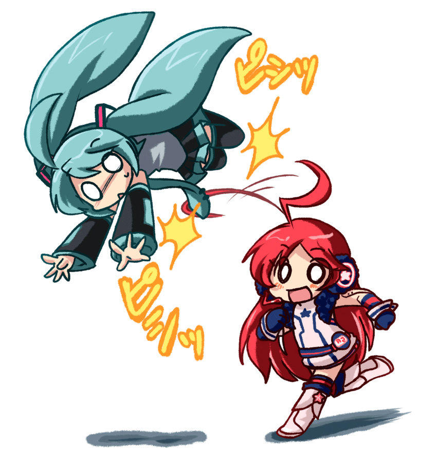 ahoge aqua_hair bad_id bad_pixiv_id boots detached_sleeves eromame hatsune_miku headset highres kneehighs long_hair multiple_girls necktie o_o red_hair sf-a2_miki skirt socks star striped striped_legwear thighhighs tossing twintails vocaloid