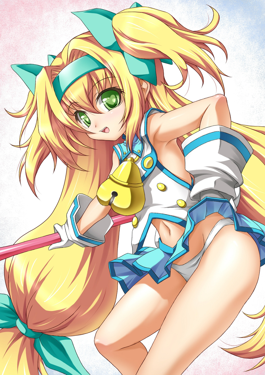 :d armpits bell bell_collar blazblue blonde_hair bow collar gloves green_eyes hair_bow hairband highres long_hair midriff navel open_mouth panties pantyshot platinum_the_trinity quad_tails roura sleeveless smile solo staff underwear very_long_hair