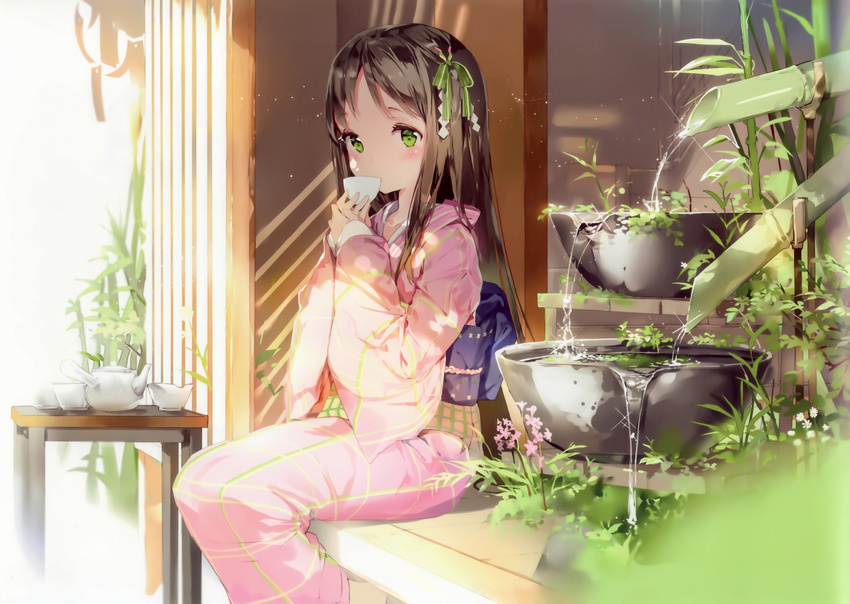 absurdres anmi bamboo bangs basin blurry blush brown_hair ceramics cup day depth_of_field drinking eyelashes feet_out_of_frame fountain green_eyes green_ribbon hair_ornament hair_ribbon highres holding japanese_clothes kimono light_particles long_hair long_sleeves looking_at_viewer obi original outdoors pink_kimono plant ribbon sash scan side_handle_teapot sitting sleeves_past_wrists solo sparkle straight_hair table teacup teapot very_long_hair water wide_sleeves yunomi