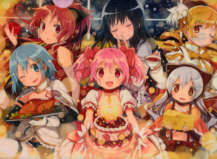 :d ;) ;d absurdres akemi_homura apple bangs berries black_hair black_legwear black_ribbon bleed_through blonde_hair blue_eyes blue_hair bow bowtie buckle cake cape capelet cheese choker closed_eyes cranberry cup detached_sleeves doily dress drill_hair drooling fingerless_gloves flower food fortissimo fortissimo_hair_ornament frilled_dress frills fruit gloves grey_hair hair_bow hair_ornament hair_ribbon hairband hairclip hairpin hanokage hat high_collar highres icing kaname_madoka light_particles long_hair long_sleeves looking_at_viewer macaron magical_girl mahou_shoujo_madoka_magica mahou_shoujo_madoka_magica_movie miki_sayaka momoe_nagisa multiple_girls nut_(food) official_art one_eye_closed open_mouth outstretched_arms pantyhose pastry pink_eyes pink_hair plate polka_dot polka_dot_legwear ponytail red_bow red_eyes red_hair red_ribbon ribbon rose sakura_kyouko scan scan_artifacts short_hair short_twintails sleeveless smile star star-shaped_pupils strawberry striped striped_legwear suspenders symbol-shaped_pupils tea teacup thigh_strap thighhighs tomoe_mami tray turkey_(food) twin_drills twintails two_side_up vertical-striped_legwear vertical_stripes walnut_(food) white_gloves white_legwear window yellow_bow yellow_eyes yellow_neckwear