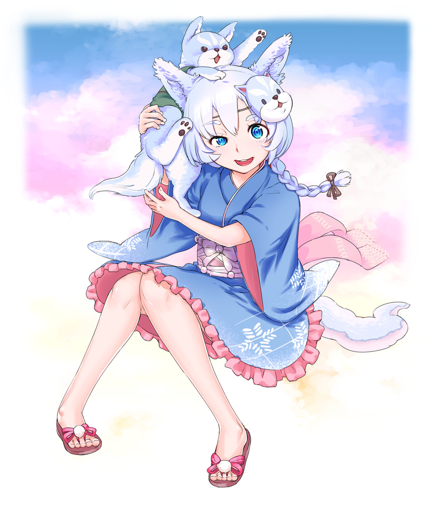 animal animal_ears animal_on_head blue_eyes blue_hair braid cloud dog dog_on_head frilled_kimono frills full_body highres japanese_clothes kimono knees_together_feet_apart koyomi_(shironeko_project) long_hair mask mask_on_head on_head open_mouth sandals saromarin shironeko_project short_kimono sitting smile solo tail tarou_(shironeko_project)