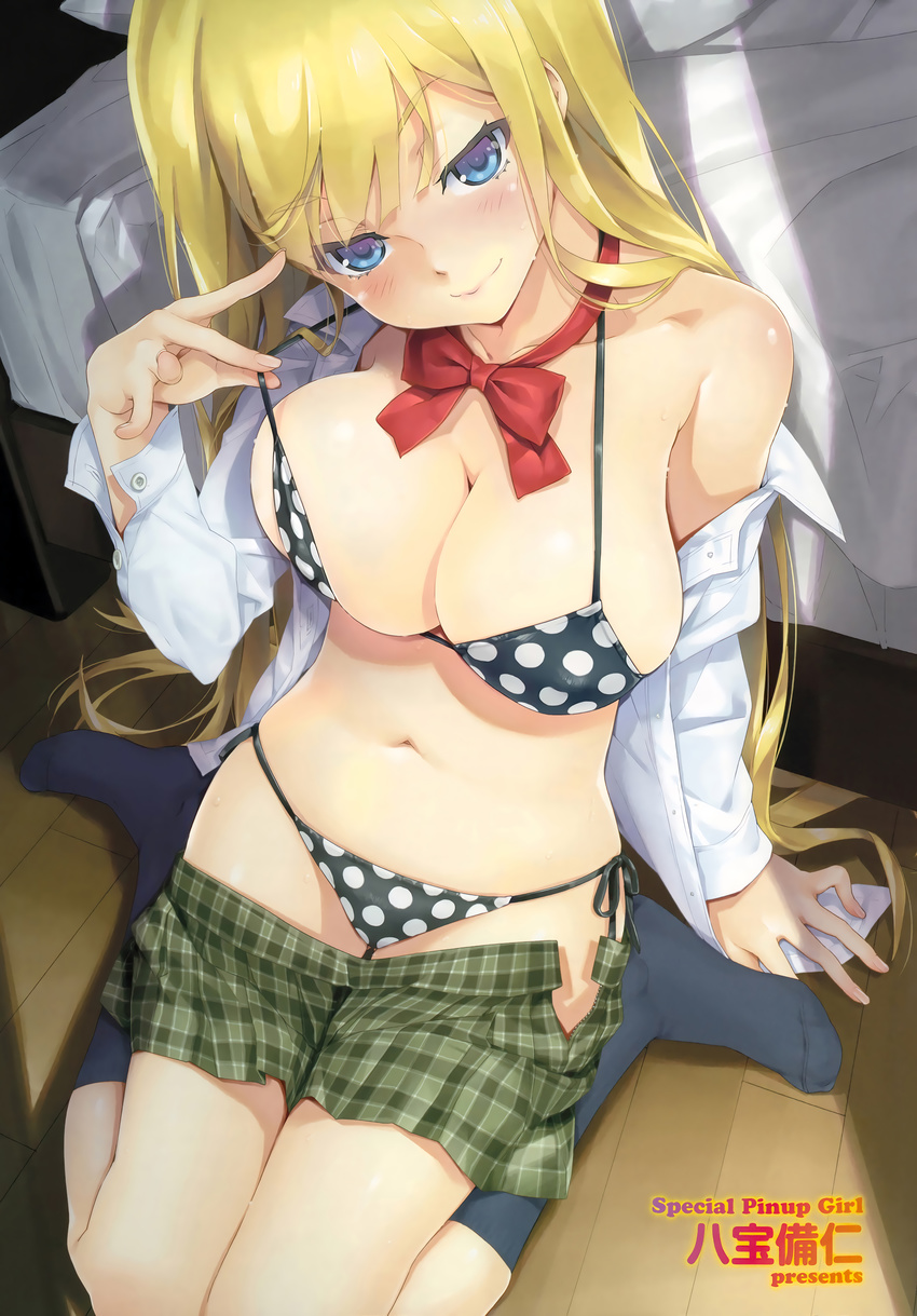 absurdres arm_support bangs bed bedroom belly bikini bikini_under_clothes black_bikini black_legwear blonde_hair blue_eyes blush bow bowtie breasts cleavage closed_mouth collarbone collared_shirt dress_shirt from_above green_skirt half-closed_eyes hand_up happoubi_jin head_tilt highres indoors kneehighs large_breasts long_hair long_sleeves looking_at_viewer miniskirt navel no_shoes off_shoulder on_floor open_clothes open_cuffs open_shirt open_skirt original plaid plaid_skirt pleated_skirt polka_dot polka_dot_bikini polka_dot_swimsuit red_neckwear scan seductive_smile shirt side-tie_bikini sitting skirt skirt_pull smile solo source_request spread_fingers strap_pull sweat swimsuit third-party_edit toe_seam unzipped very_long_hair wariza white_shirt wing_collar