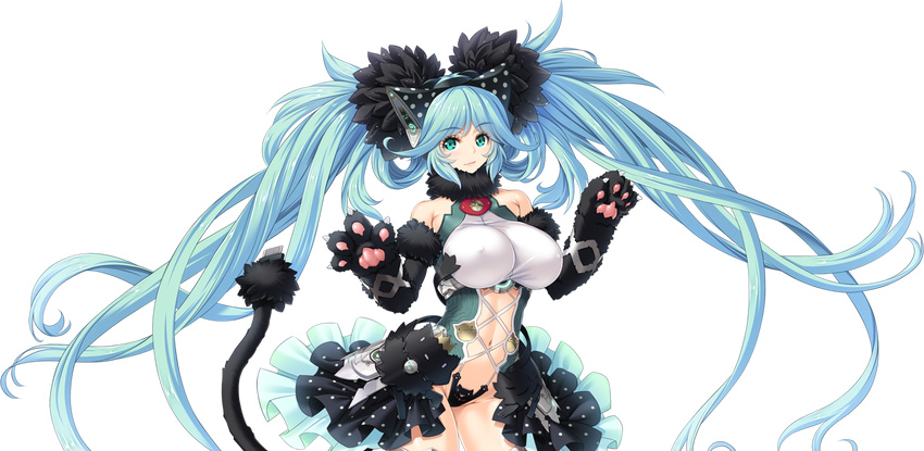 1girl bare_shoulders blue_hair breasts cat_paws erect_nipples female game_cg green_eyes hair_ornament hayama_kazusa highres hoshizora_no_babylon large_breasts legs long_hair looking_at_viewer mound_of_venus navel ogin_bara paws rin_(hoshizora_no_babylon) simple_background smile solo standing thighs very_long_hair