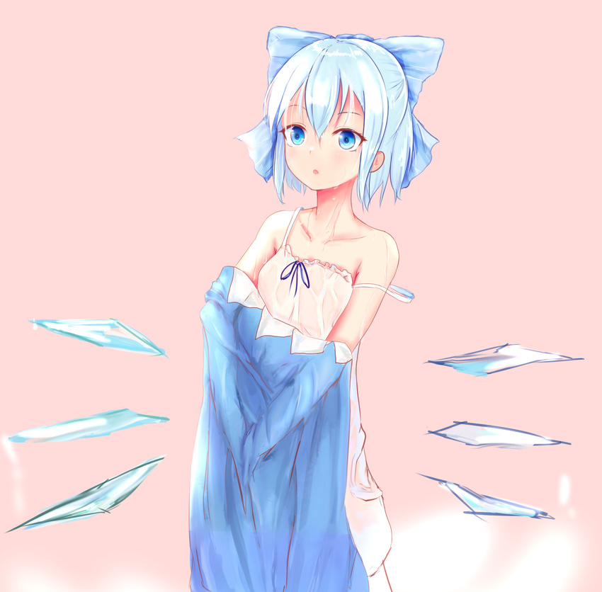 :o bangs blue_bow blue_dress blue_eyes blue_hair bow camisole cirno collarbone cowboy_shot dress hair_between_eyes hair_bow half_updo highres homo_1121 large_bow looking_away pink_background shiny shiny_hair short_hair simple_background sketch solo standing strap_slip tareme touhou undershirt undressing wet wet_clothes wings