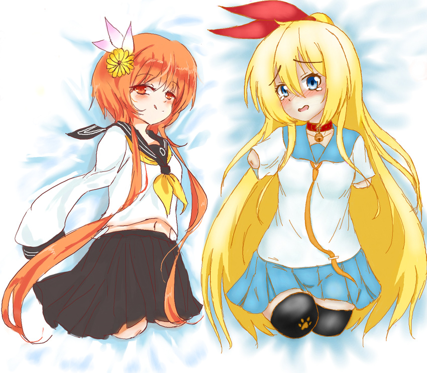 2girls :q amputee bed bell bell_collar blonde_hair blue_eyes blush collar hair_ribbon kirisaki_chitoge looking_at_viewer mikeysukairain multiple_girls necktie nisekoi on_bed open_mouth orange_eyes orange_hair quadruple_amputee ribbon school_uniform serafuku skirt smile tachibana_marika tears tharitkung very_long_hair white_background