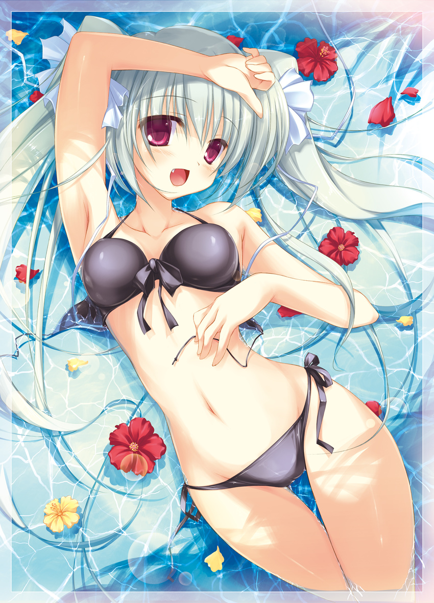 :d armpits bad_id bad_pixiv_id bikini black_bikini blush bow breasts collarbone commentary_request fang flower front-tie_bikini front-tie_top fujisaki_rei green_hair hair_bow hair_flower hair_ornament hibiscus highres long_hair looking_at_viewer lying lying_on_water medium_breasts navel on_back open_mouth original purple_eyes side-tie_bikini smile solo swimsuit thigh_gap twintails untied untied_bikini water