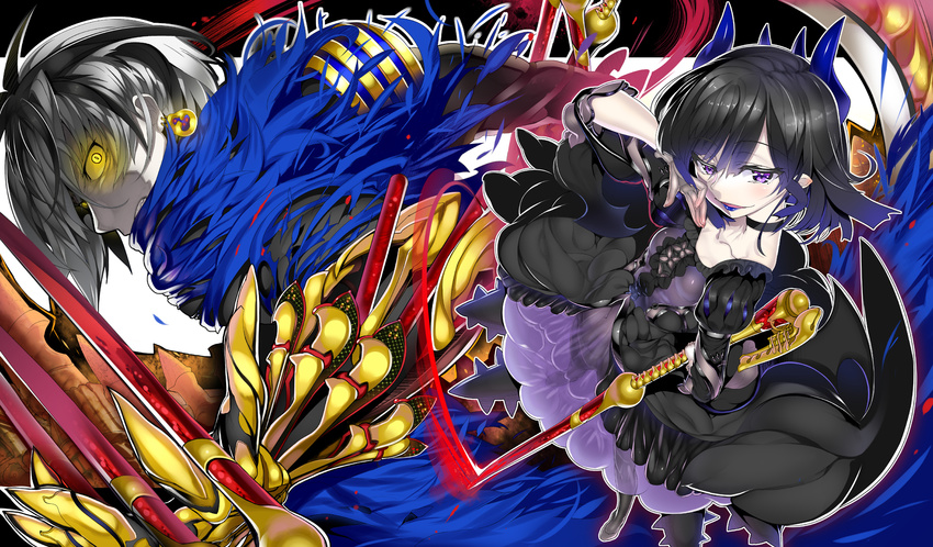 1girl black_hair char claws dress earrings hand_on_hip highres horns jewelry looking_at_viewer original pale_skin purple_eyes short_hair silver_hair wand yellow_eyes yellow_sclera