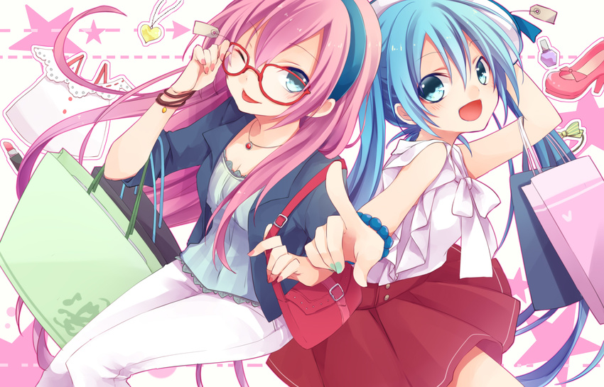:d ;p bag blue_hair bow fingernails glass glasses hairband handbag hatsune_miku highres jewelry kuroi_(liar-player) lipstick long_hair makeup megurine_luka multiple_girls nail_polish necklace one_eye_closed open_mouth pants pink_hair pointing red-framed_eyewear shoes shopping_bag skirt smile tongue tongue_out vocaloid