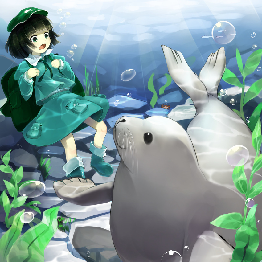 :o afloat air_bubble backpack bag black_hair boots bubble crab dark_haired_kappa falling flat_cap green_eyes hat highres kappa_mob light_rays long_sleeves looking_at_another looking_down loose_clothes manzairaku open_mouth piyodesu plant ribbon rock rubber_boots seal seaweed short_hair skirt skirt_set solo sunbeam sunlight touhou underwater water wide-eyed wild_and_horned_hermit