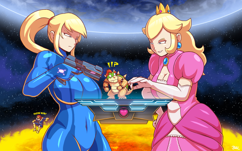 2boys 2girls ? blaz_b._aros blonde_hair bowser breasts captain_falcon f-zero final_destination giantess gloves gun helmet highres huge_breasts large_breasts long_hair mario_(series) multiple_boys multiple_girls ponytail princess_peach samus_aran spoken_exclamation_mark spoken_question_mark super_mario_bros. super_smash_bros. weapon zero_suit