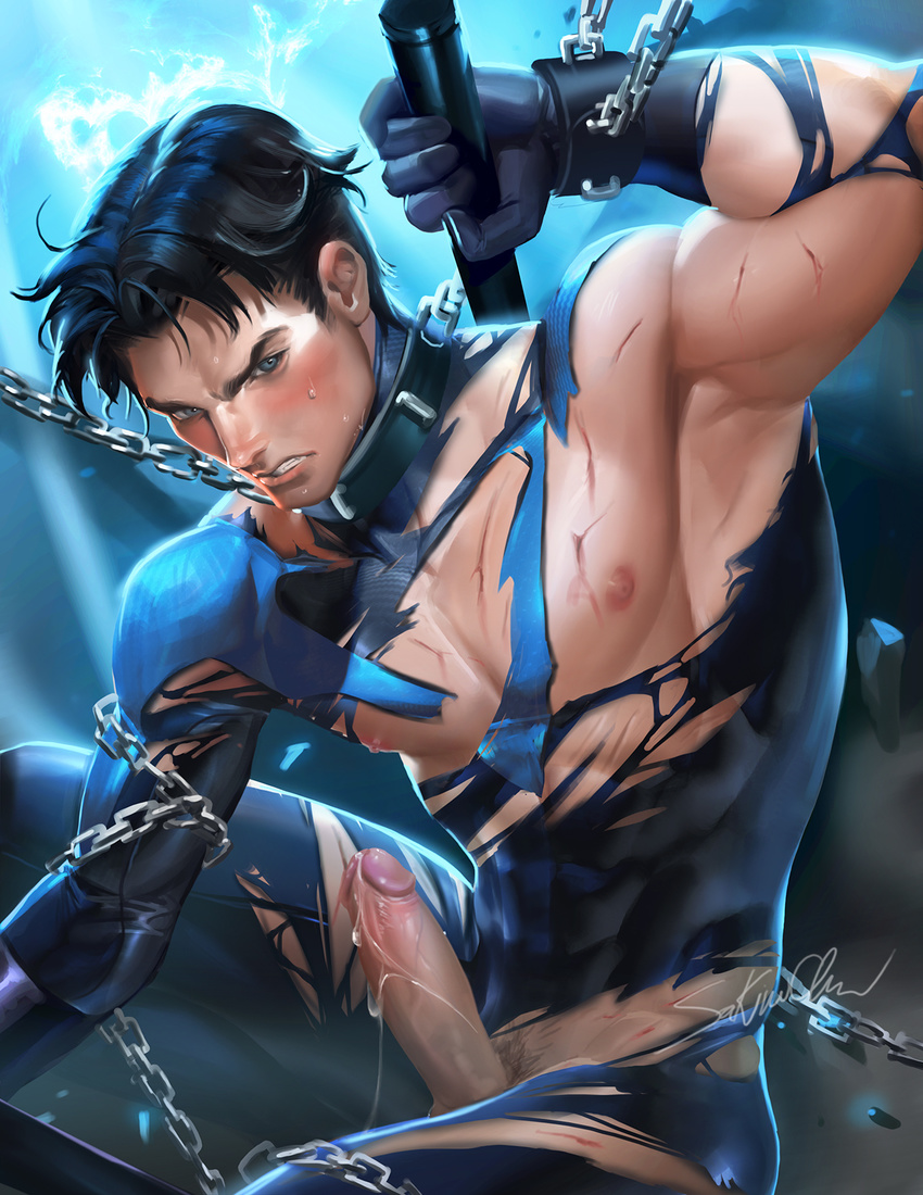 abs batman_(series) black_hair bodysuit chains dc_comics dick_grayson errection escrima_stick gloves gradient gradient_background male_focus nightwing penis sakimichan short_hair skin_tight solo toned torn_clothes uncensored watermark