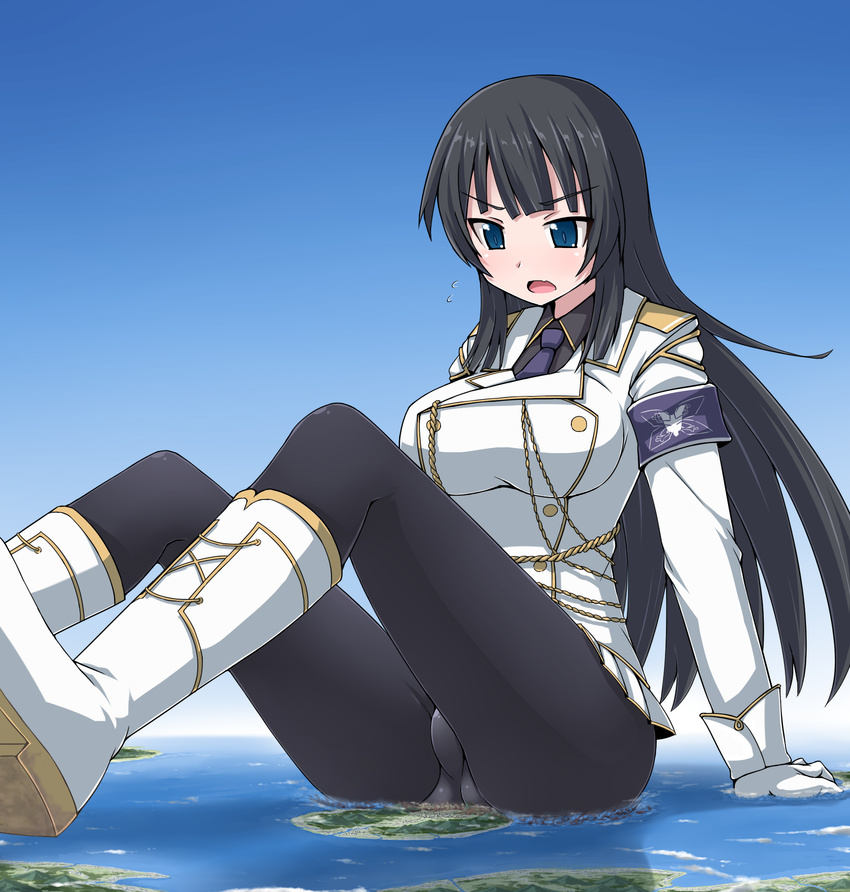 :o black_hair blue_eyes blush boots collared_shirt flying_sweatdrops giantess highres horizon ikaruga_(senran_kagura) island knee_boots long_hair long_sleeves military military_uniform necktie ocean open_mouth panties panties_under_pantyhose pantyhose senran_kagura shirt solo terada_ochiko underwear uniform very_long_hair water