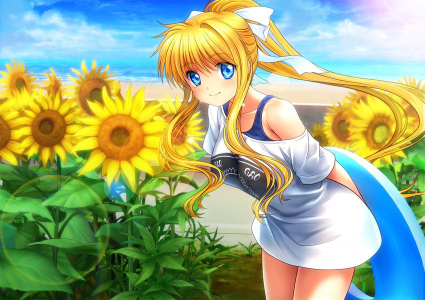 air blonde_hair blue_eyes flower innertube kamio_misuzu lens_flare long_hair looking_at_viewer mutsuki_(moonknives) one-piece_swimsuit ponytail school_swimsuit smile solo sunflower swimsuit swimsuit_under_clothes