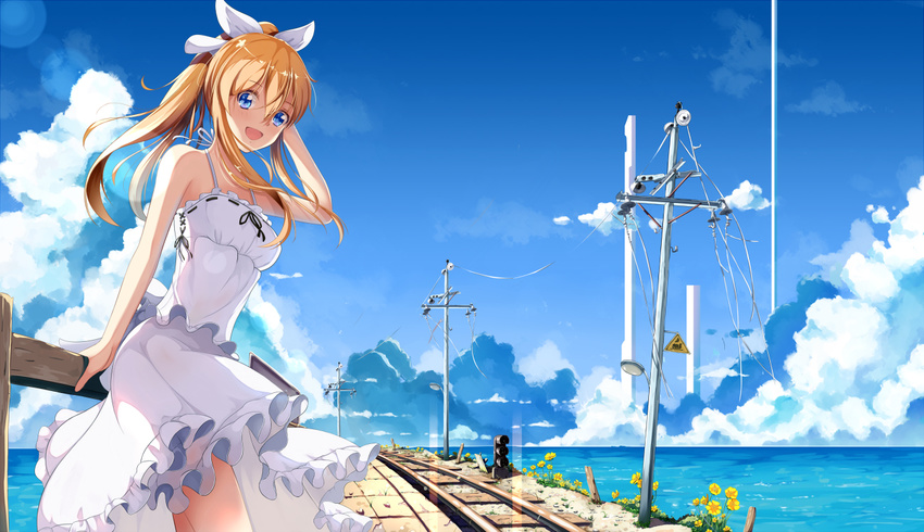 :d :o against_fence bangs bare_shoulders blonde_hair blue_eyes blue_sky camisole cloud cloudy_sky day dress fence flower hair_between_eyes hair_ribbon hair_tucking horizon leaning lens_flare liu_guniang long_hair looking_at_viewer ocean open_mouth original outdoors ponytail railroad_signal railroad_tracks ribbon sign skirt sky smile solo spaghetti_strap standing summer sundress telephone_pole water white_ribbon white_skirt wooden_fence