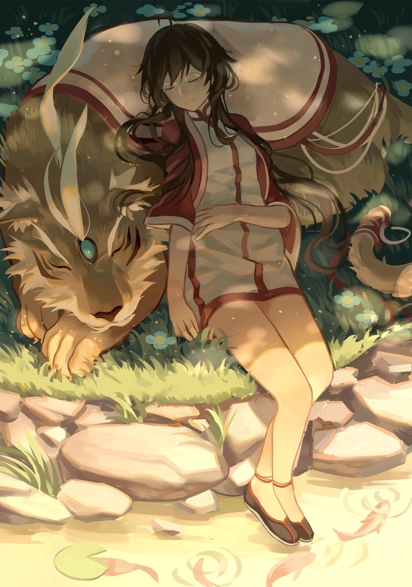 anklet bad_id bad_pixiv_id bangs bare_legs black_hair chinese_clothes closed_eyes creature crossed_ankles dress fish grass hand_on_own_stomach highres jewelry legs_together lily_pad long_hair no_socks norizc on_ground outdoors reclining saddle short_dress sleeping slippers smile solo vocaloid vocanese water yuezheng_ling