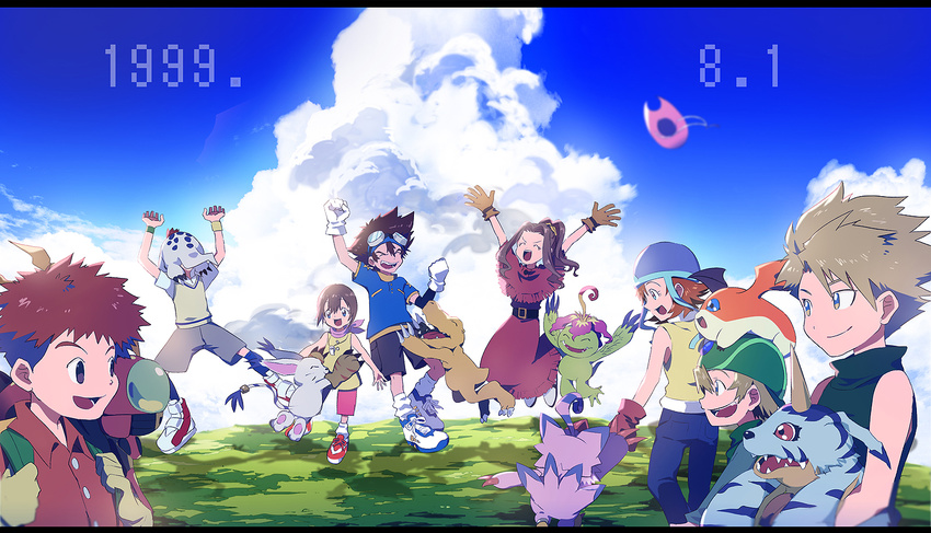 5boys agumon brown_hair closed_eyes daiki_(daikingairkgk) dated day digimon digimon_adventure digimon_adventure_tri. gabumon gloves goggles gomamon hat ishida_yamato izumi_koushirou kido_jou long_hair multiple_boys multiple_girls palmon patamon piyomon short_hair sky smile tachikawa_mimi tailmon takaishi_takeru takenouchi_sora tentomon yagami_hikari yagami_taichi