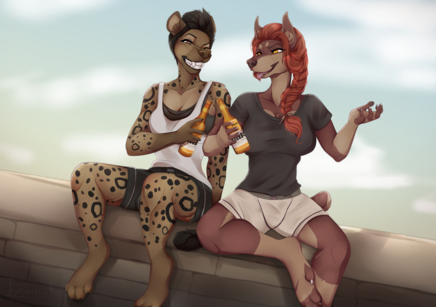 5_fingers anthro barefoot black_hair braided_hair brown_eyes brown_hair brown_nose canine clothed clothing digitigrade dog duo female hair holding_object hyaenid lycangel mammal sitting smile spotted_hyena teeth tongue