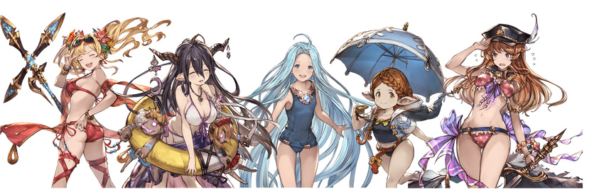 :d ^_^ armlet ass ass_visible_through_thighs bad_id bad_twitter_id bikini black_bikini black_hair blonde_hair blue_eyes blue_hair blue_swimsuit bracelet braid breasts brown_eyes brown_hair choker cleavage closed_eyes danua draph earrings eyewear_on_head finger_to_mouth flower flying_sweatdrops french_braid frilled_bikini frills from_behind front-tie_top granblue_fantasy hair_between_eyes hair_flower hair_ornament hand_to_own_mouth harvin hat highres hood hooded_jacket hoodie horn_ornament horns innertube jacket jewelry large_breasts leaning_forward lecia_(granblue_fantasy) long_hair looking_back lyria_(granblue_fantasy) minaba_hideo multiple_girls navel necklace nontraditional_school_swimsuit official_art open_clothes open_hoodie open_mouth parasol pendant pink_bikini pointy_ears polearm polka_dot polka_dot_bikini polka_dot_swimsuit red_bikini school_swimsuit shawl side-tie_bikini side_braid smile suframare sunglasses swimsuit sword tankini transparent_background twintails umbrella very_long_hair weapon whistle white_bikini zeta_(granblue_fantasy)