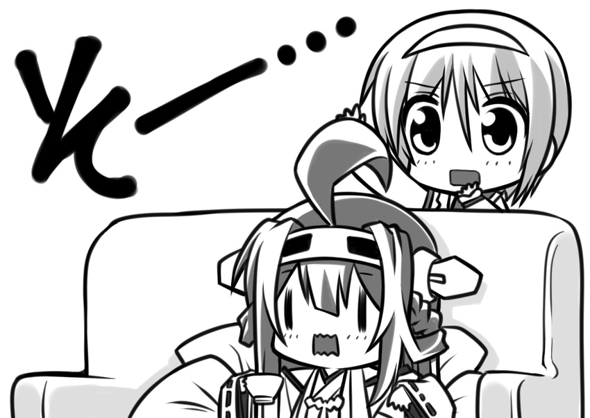 ahoge couch cup detached_sleeves double_bun greyscale hairband hand_to_own_mouth headgear kantai_collection kongou_(kantai_collection) long_hair monochrome multiple_girls natori_(kantai_collection) nontraditional_miko open_mouth reaching reclining senomoto_hisashi short_hair sitting teacup wavy_mouth wide_sleeves |_|