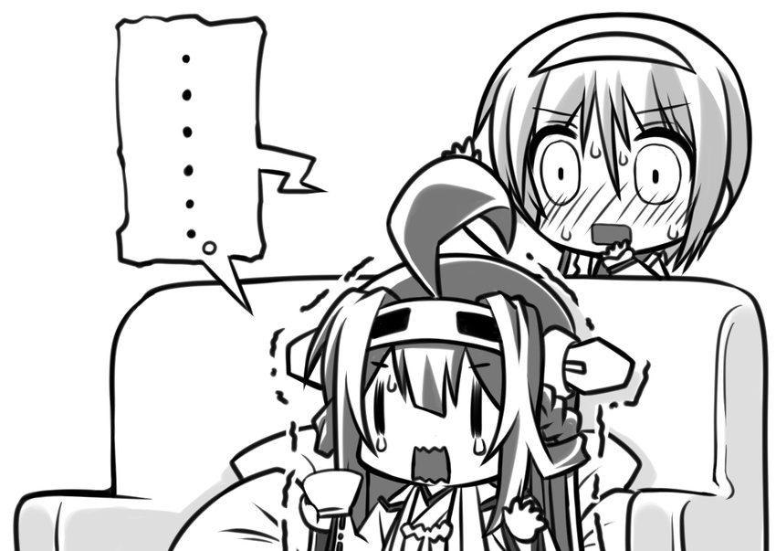 2girls ahoge blush couch crying cup detached_sleeves double_bun greyscale hairband hand_to_own_mouth headgear kantai_collection kongou_(kantai_collection) long_hair monochrome multiple_girls natori_(kantai_collection) nontraditional_miko open_mouth senomoto_hisashi short_hair sitting spoken_ellipsis sweat teacup teardrop tears trembling wide-eyed wide_sleeves |_|