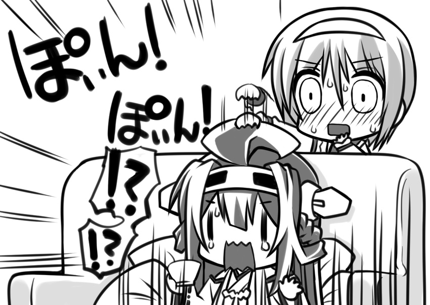 2girls ahoge blush confused couch cup detached_sleeves double_bun greyscale hairband hand_to_own_mouth headgear kantai_collection kongou_(kantai_collection) long_hair monochrome motion_lines multiple_girls natori_(kantai_collection) nontraditional_miko open_mouth pressing senomoto_hisashi short_hair sitting spoken_interrobang sweat teacup teardrop tears translation_request trembling wavy_mouth wide-eyed wide_sleeves |_|