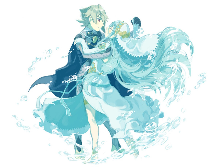 1girl aisutabetao aqua_(fire_emblem_if) armor barefoot blue_cape blue_hair blue_ribbon blush cape closed_eyes collar couple dancing detached_sleeves dress fire_emblem fire_emblem_if grey_hair hand_on_another's_shoulder hetero holding_hands long_hair male_my_unit_(fire_emblem_if) my_unit_(fire_emblem_if) red_eyes ribbon short_hair sweatdrop veil very_long_hair waltz_(dance) water white_dress wide-eyed