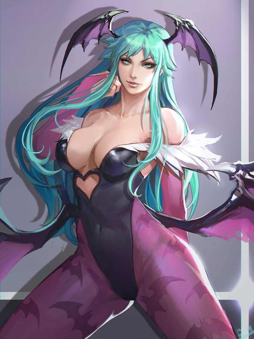 animal_print arm_behind_back bare_shoulders bat_print bat_wings breasts cleavage demon_girl drawcrowd_sample elbow_gloves eyeshadow gloves green_eyes green_hair highres huge_breasts image_sample leotard lips long_hair looking_at_viewer makeup morrigan_aensland pantyhose print_legwear smjim1986 solo standing succubus vampire_(game) wings