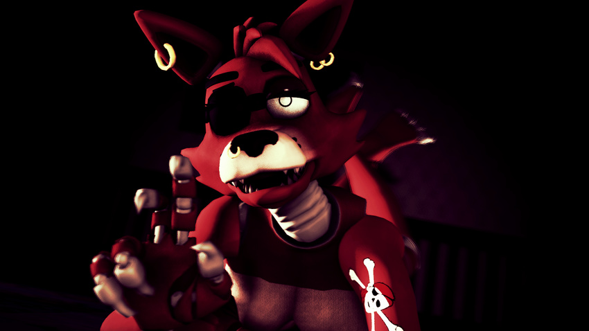 animatronic anthro black_background canine cleavage clothed clothing ear_piercing eye_patch eyewear five_nights_at_freddy's fox foxy machine mammal open_mouth piercing pirate robot sharp_teeth simple_background skull skull_and_crossbones solo tattoo teeth video_games