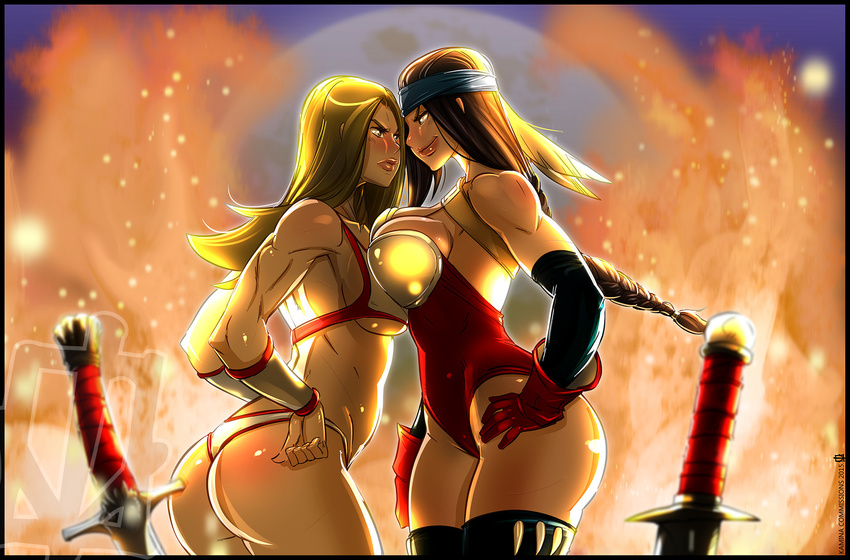 angry armor ass bandanna bikini_armor blue_eyes blush bra breasts brown_eyes brown_hair cowboy_shot curvy depth_of_field detached_sleeves eye_contact female fire gloves golden_axe gradient gradient_background hand_on_hip hands_on_hips kamina1978 large_breasts leaning_forward leotard lips long_hair multiple_girls original outdoors panties sega shiny shiny_skin standing sword symmetrical_docking thighhighs toned tyris_flare underwear weapon