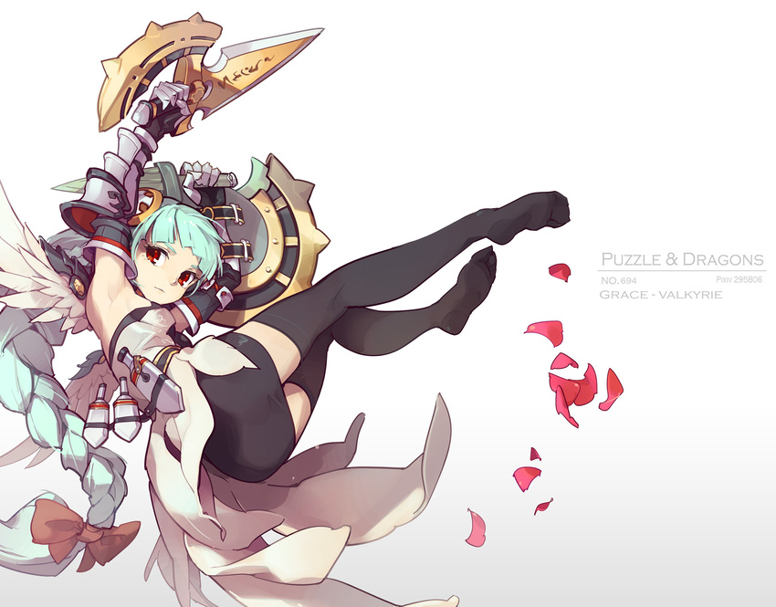 arm_up armor armpits ass black_legwear bow braid breasts cape character_name gauntlets green_hair highres light_valkyrie_(p&amp;d) long_hair looking_at_viewer no_shoes petals puzzle_&amp;_dragons red_eyes skirt small_breasts solo tennohi thighhighs valkyrie_(p&amp;d) weapon zettai_ryouiki