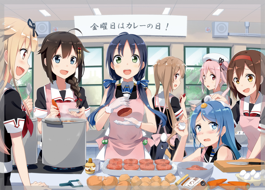 ahoge apron bird black_hair black_serafuku blonde_hair blue_eyes blue_hair braid carrot cooking egg failure_penguin gloves gochou_(atemonai_heya) hair_flaps hair_ornament hair_ribbon harusame_(kantai_collection) highres kantai_collection knife long_hair low_twintails multiple_girls murasame_(kantai_collection) open_mouth penguin pink_hair pot red_eyes remodel_(kantai_collection) ribbon samidare_(kantai_collection) scarf school_uniform serafuku shigure_(kantai_collection) shiratsuyu_(kantai_collection) short_hair side_ponytail single_braid suzukaze_(kantai_collection) translated twintails yuudachi_(kantai_collection)