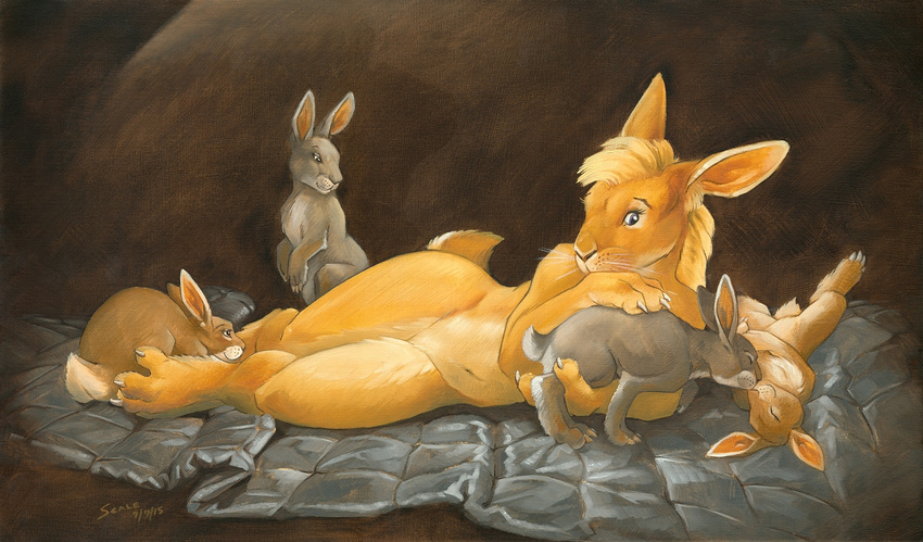 ambiguous_gender anthro blue_eyes claws digitigrade eyelashes female feral lagomorph larger_female lying mammal nude nuzzling on_back rabbit scale_(artist) size_difference traditional_media_(artwork) whiskers wide_hips