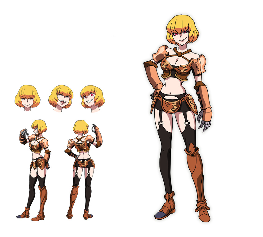 1girl arm_guards armor black_legwear blonde_hair breastplate breasts character_sheet cleavage clementine clementine_(overlord) concept_art criss-cross_halter evil_smile expressions faulds full_body garter_belt gauntlet grin halter_top halterneck leg_armor looking_at_viewer midriff miniskirt navel o-ring o-ring_legwear official_art overlord_(maruyama) pink_eyes red_eyes short_hair shoulder_pads simple_background skirt smile solo standing thighhighs white_background