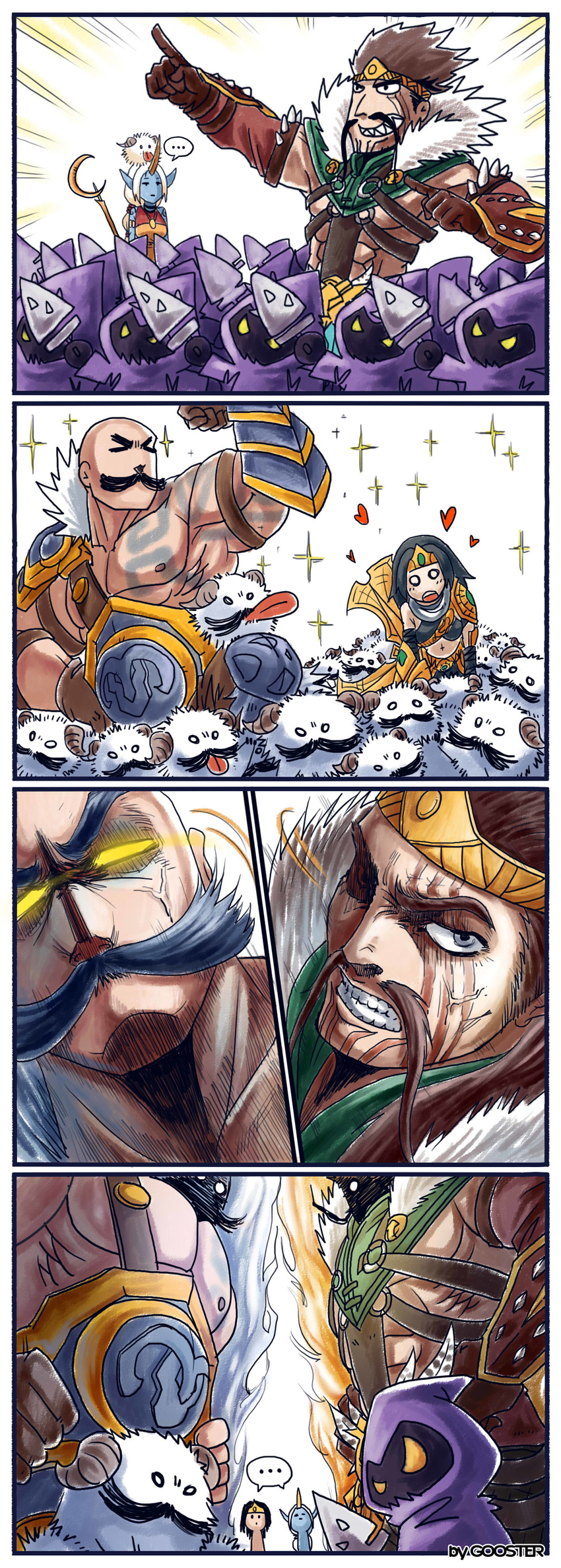 blue_skin braum_(league_of_legends) comic commentary_request draven facial_hair gloves gooster highres horn league_of_legends long_hair minion_(league_of_legends) multiple_boys multiple_girls mustache pointy_ears ponytail poro_(league_of_legends) sivir soraka staff tattoo translation_request very_long_hair weapon white_hair yellow_eyes