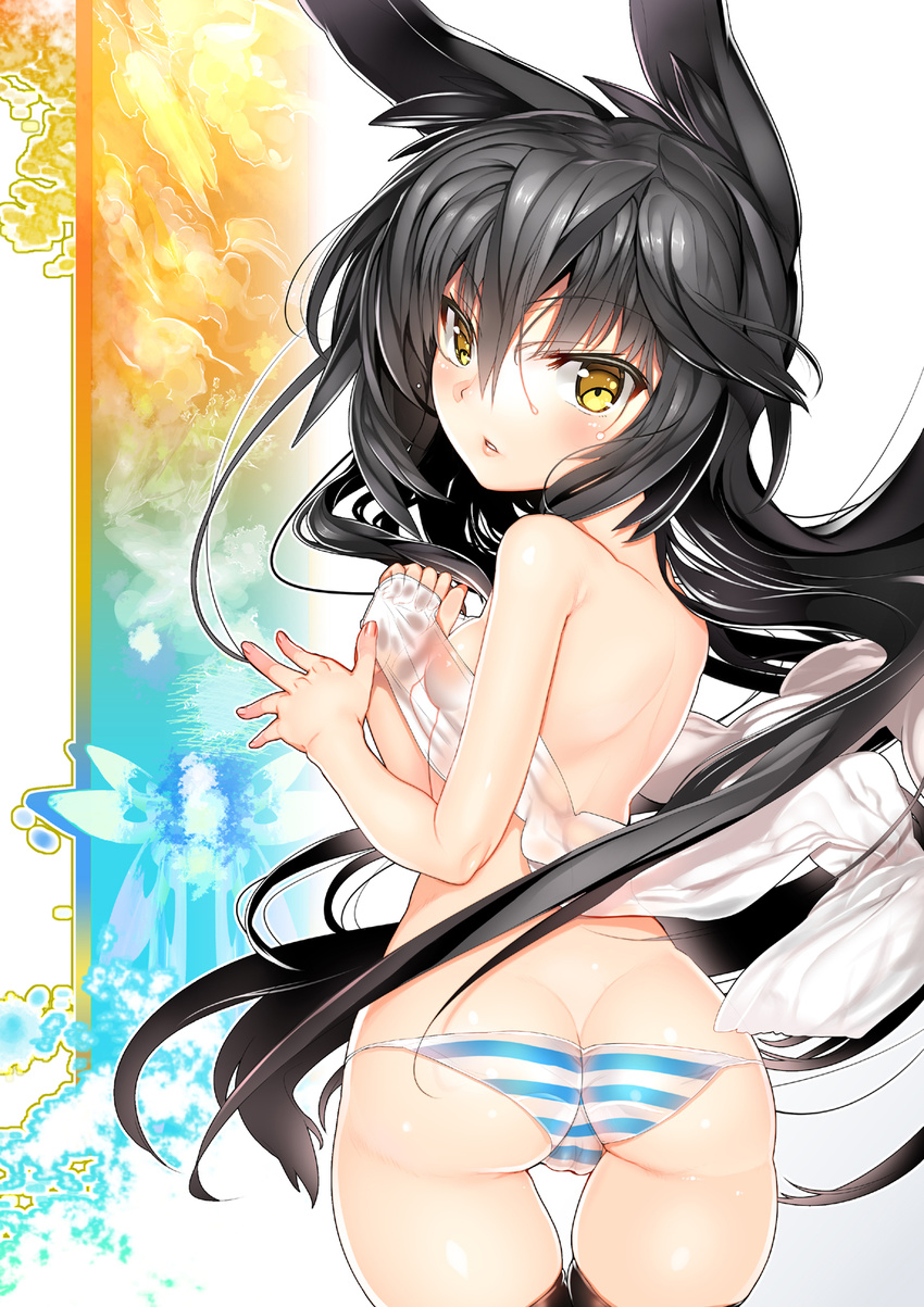 animal_ears ass back black_hair breasts cameltoe char covering covering_breasts from_behind highres long_hair looking_at_viewer looking_back necro-san original panties parted_lips see-through shiny shiny_skin skindentation small_breasts solo striped striped_panties thigh_gap topless underwear yellow_eyes