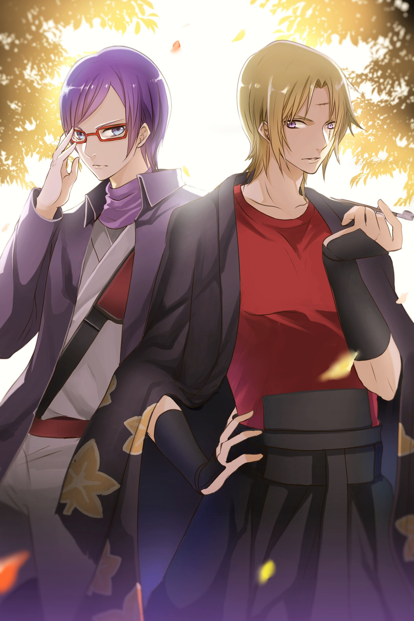 absurdres blonde_hair genderswap genderswap_(ftm) gintama glasses highres japanese_clothes kanzaki_shion_(ichigopanikku) kiseru male_focus multiple_boys pipe purple_eyes purple_hair purple_scarf sarutobi_ayame scar scarf tsukuyo_(gintama)