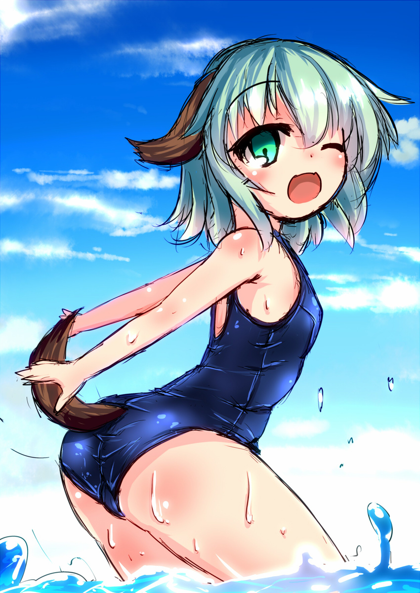 ;d animal_ears ass blush breasts cowboy_shot dog_ears dog_tail green_eyes green_hair highres karasuma_amiru kasodani_kyouko looking_at_viewer one-piece_swimsuit one_eye_closed open_mouth school_swimsuit small_breasts smile solo swimsuit tail thighs touhou wet