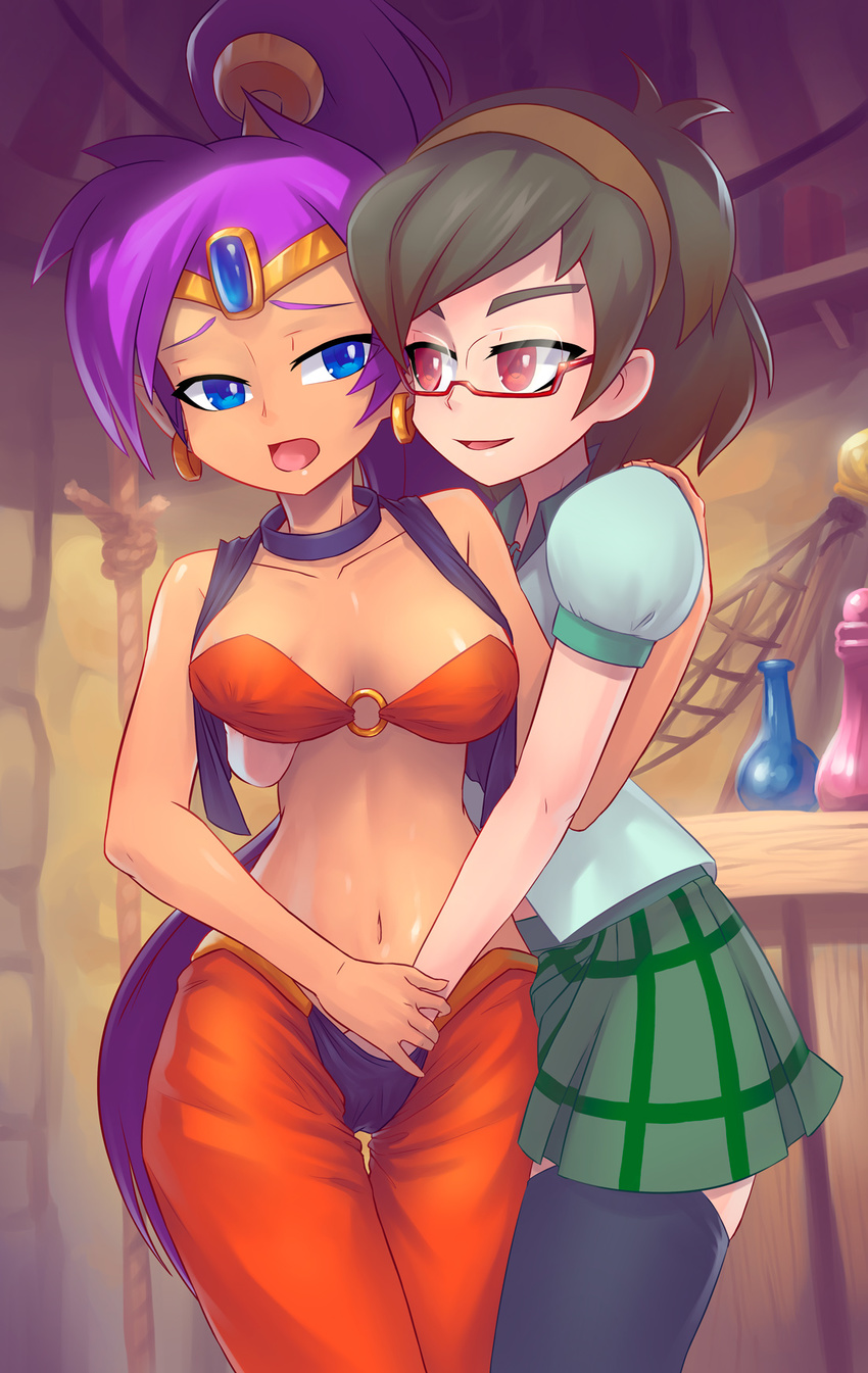 alternate_form blue_eyes bottle breast_grab breasts commentary_request dark_skin earrings eye_contact fingering grabbing green_hair hairband hand_under_clothes highres humanization jewelry jiffic long_hair looking_at_another multiple_girls navel open_mouth ponytail purple_hair red_eyes rope rottytops school_uniform shantae_(character) shantae_(series) shantae_and_the_pirate's_curse skirt smile thighhighs very_long_hair vest yuri zettai_ryouiki